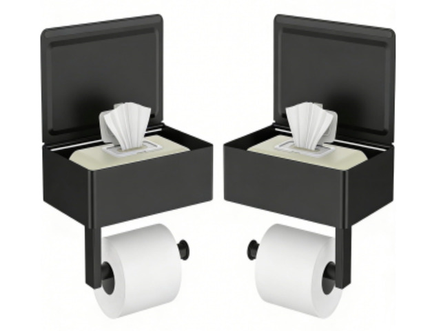 Toilet Paper Holder with Shelf, Wall-Mounted Modern Wipes Dispenser Matte Black 2 Pack Toilet Paper Holder with Storage Fits Wipes, Sanitary...
