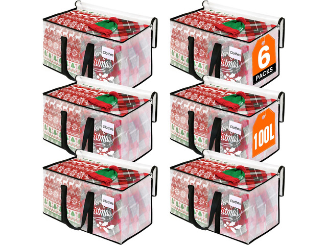 Moving Bags, Heavy Duty Large Storage Bags, 100L, 6 Pack, Clear Water-Resistant Packing Bags with Reinforced Handles & Dual Zippers, Foldable...
