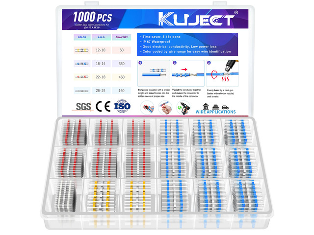 Heat Shrink Solder Seal Wire Connectors Kit 1000PCS 26-10 AWG Waterproof Electrical Connectors for Marine, Automotive, Truck Repair, Solderless...