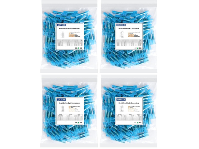 Heat Shrink Butt Connectors, 16-14 AWG 100Pcs Blue Waterproof Electrical Crimp Wire Splice for Marine, Cable, Wiring (Pack of 4)