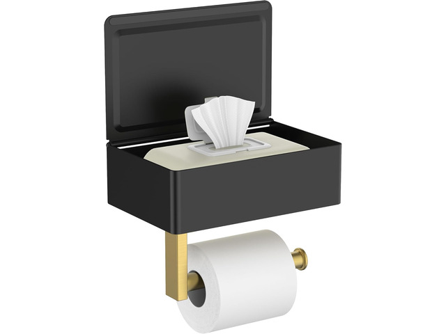 Toilet Paper Holder with Shelf, Wall-Mounted Modern Wipes Dispenser Black & Gold Toilet Paper Holder with Storage for Bathroom Fits Wipes, Sanitary...