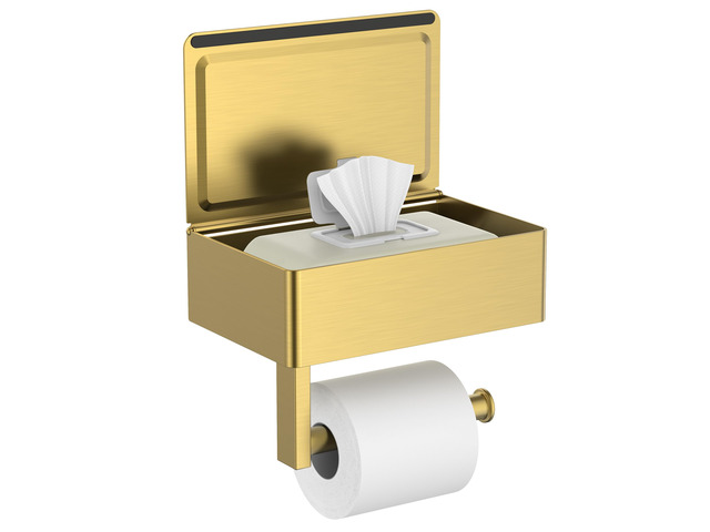 Toilet Paper Holder with Shelf, Wall-Mounted Modern Wipes Dispenser Brushed Gold Toilet Paper Holder with Storage for Bathroom Fits Wipes, Sanitary...