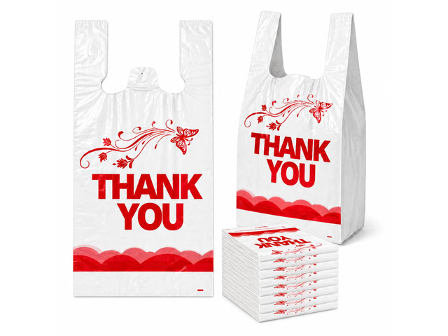 1000 Count White Thank You T-Shirt Bags, 11 x 6 x 21 in Durable HDPE with handles, Thank You print, disposable carryout sacks for grocery, retail...