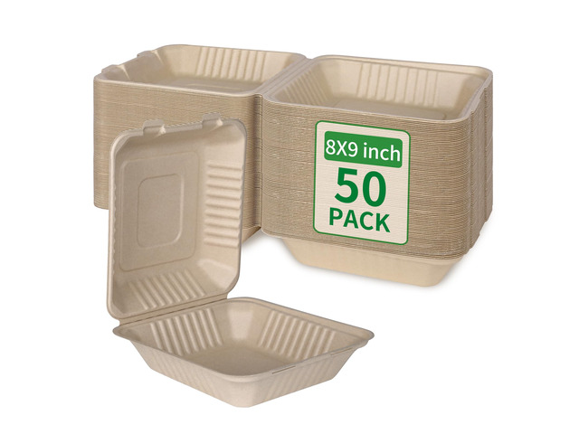 Disposable 50 Pack 8×9 Inch Take Out Lunch Box Containers with Lids Compostable and Eco-Friendly Biodegradable Bagasse To Go Containers, PFAS-Free,...