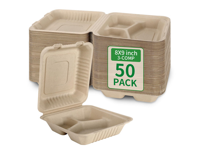 Disposable 50 Pack 3 Compartment 8x9 Inch Take Out Food Containers Compostable and Eco-Friendly Biodegradable Bagasse To Go Containers, PFAS-Free,...