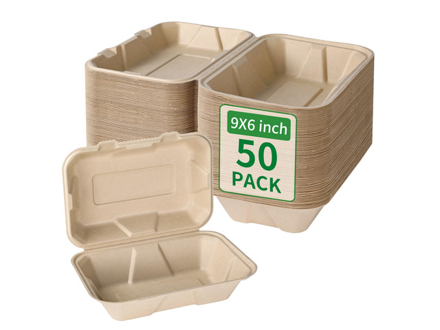 Disposable 50 Pack 9×6 Inch Take Out Lunch Box Containers with Lids Compostable and Eco-Friendly Biodegradable Bagasse To Go Containers, PFAS-Free,...