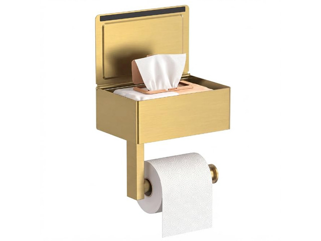 Toilet Paper Holder with Shelf, Wall-Mounted Modern Wipes Dispenser Brushed Gold Toilet Paper Holder with Storage Baby Wipes Dispenser for Bathroom...