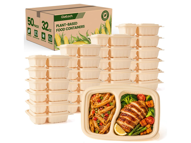 100 Piece (50 Pack) Meal Prep Containers Reusable - 2 Compartment 32 oz Cornstarch Snack Containers with Lids - Plastic Food Storage Salad...