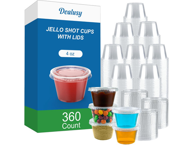 360 Set 4 oz Jello Shot Cups with Lids Sturdy & Food Safe Disposable Plastic Portion Condiment Dipping Sauce Cups, Small Containers for Salad Dressing