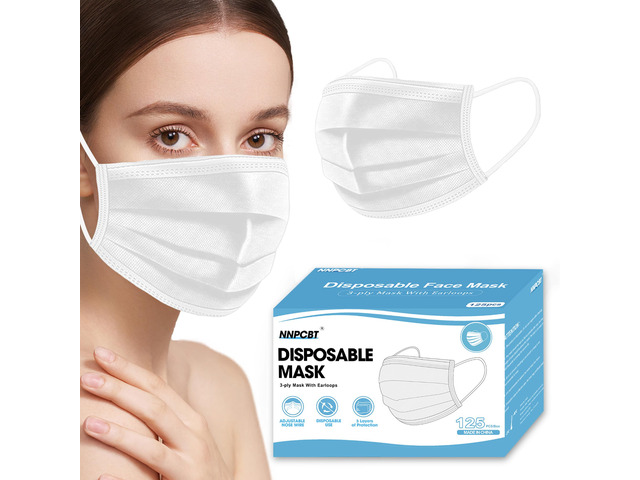 White Disposable Face Masks 125 Pcs,3-Ply Adults Mask Indoor Outdoor