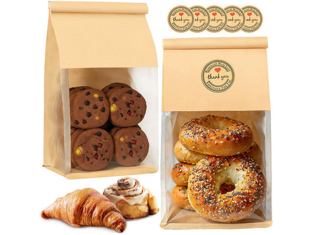 50 PCS Bread Bags for Homemade Breads, 11x5.1x3.9 Inch Resealable Cookie Bags with Tin Tie Tab Lock, Paper Bakery Bag with Window for Packaging...