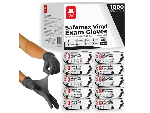 Black Synthetic Vinyl Exam Gloves Powder Free and Latex Free (Large, 1000 Count)