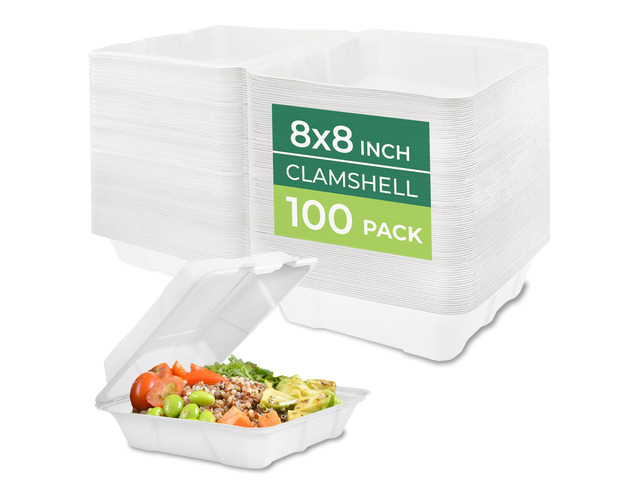 Clamshell Food Containers with Lids [8x8' 100-Pack] Disposable To Go Containers, Biodegradable Sugarcane To Go Boxes - Paper Container - Microwave...
