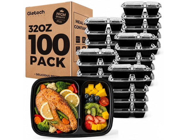 100 Pack(200-Piece)32oz 2-Compartment Meal Prep Containers with Lid Food Storage Containers with Lids,Microwave Freezer Dishwasher Safe,Sturdy...
