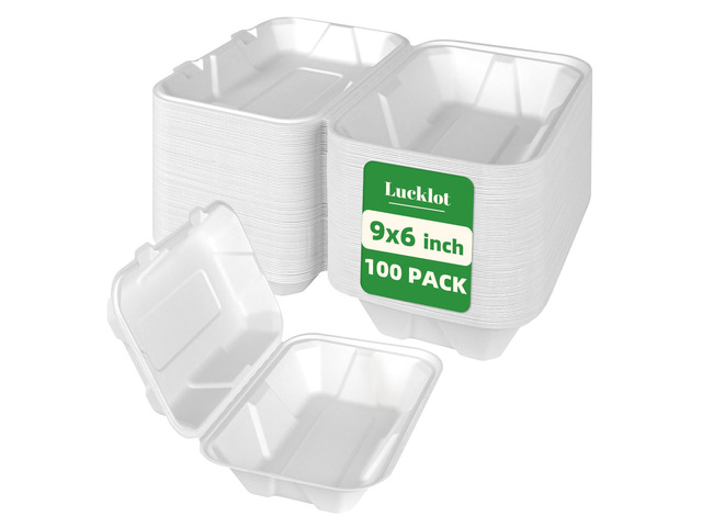 100 Pack 9×6 Inch White Compostable Bagasse Takeout Food Containers To Go Disposable Lunch Box, Eco-Friendly Biodegradable Clamshell Containers...