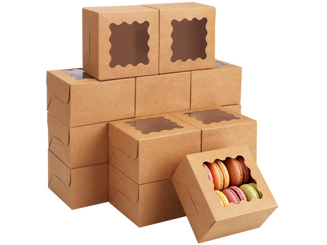 200pcs Small Cookie Boxes with Window, 4x4x2.5in Bakery Boxes Kraft Treat Boxes, Fit Small Cookies and Pastries, Suitable for Party Favors and Gifts