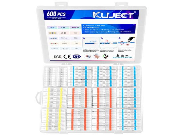 600PCS Solder Seal Wire Connector Kit, Solder Seal Butt Terminal Waterproof Insulated Electrical Wire Splice for Automotive Marine Boat