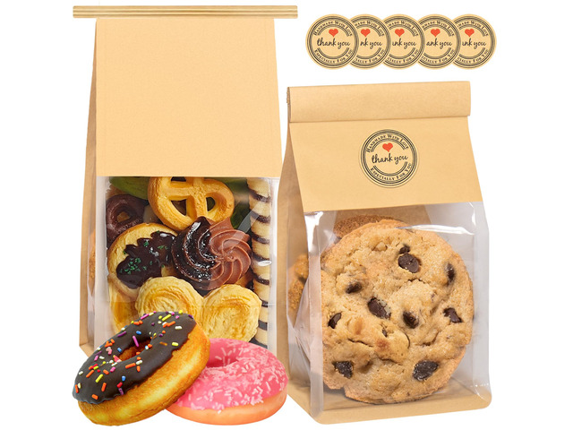 200 Pack Cookie Bags with Seal, 8.2x3.9x3.1 Inch Tin Tie Tab Lock Bakery Bags with Window Resealable Paper Packaging Bag for Muffin, Granola,...