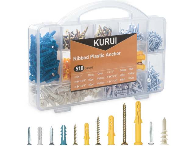 Drywall Anchors and Screws Assortment Kit, 510Pcs Dry Wall Anchors 255 Plastic Wall Expansion Anchors and 255 Phillips Flat Head Wood Screws, Wall...