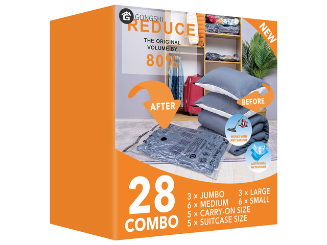 Vacuum Storage Bags for Clothing, 28-Piece Set 3 Jumbo, 3 Large, 6 Medium, 6 Small and 10 Travel Roll-Up Bags; Ideal for Clothes, Bedding, Travel...