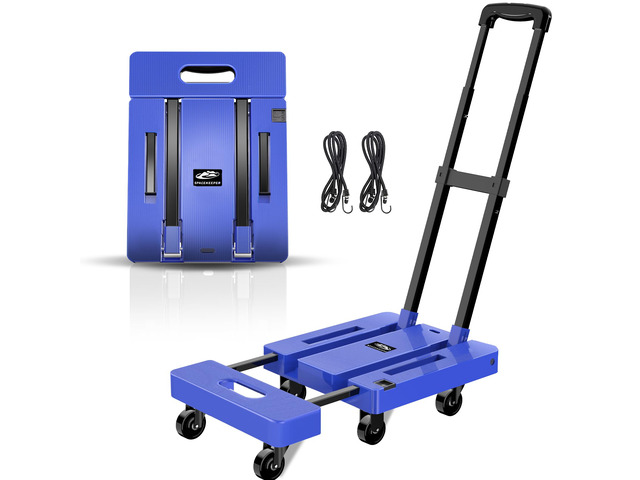 Folding Hand Truck, 500 LB Heavy Duty Luggage Cart, Blue Utility Dolly Platform Cart with 6 Wheels & 2 Elastic Ropes for Luggage, Travel, Moving,...
