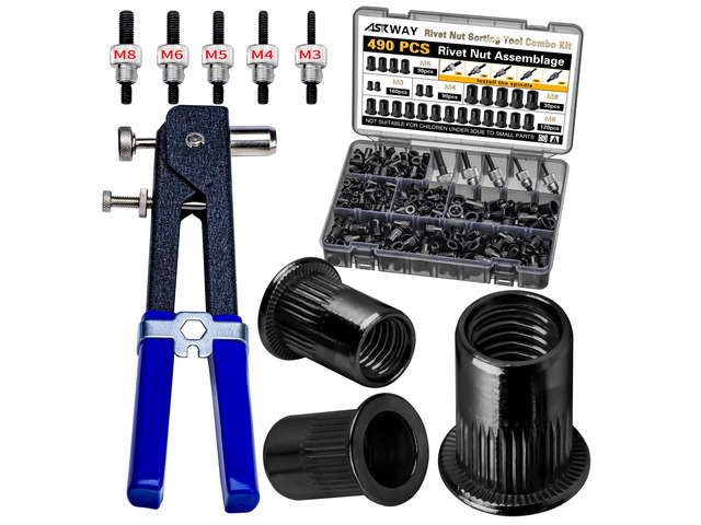Rivet Nut Tool Kit, 490Pcs Black Zinc Metric Rivet Nut Combination Metric Carbon Steel Rivet Nuts (M8/M6/M5/M4/M3), Includes rivet nut tool...