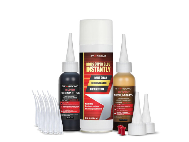 Knot Filler System 2 oz Black and 2 oz Brown Medium-Thick CA Glue with 6 oz Accelerator Spray Instant Crack & Void Repair for Woodworking,...