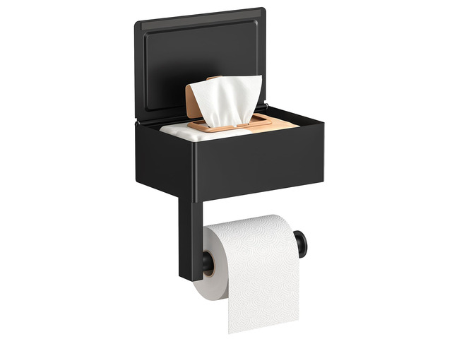 Toilet Paper Holder with Shelf, Wall-Mounted Modern Wipes Dispenser Matte Black Toilet Paper Holder with Storage Baby Wipes Dispenser for Bathroom...