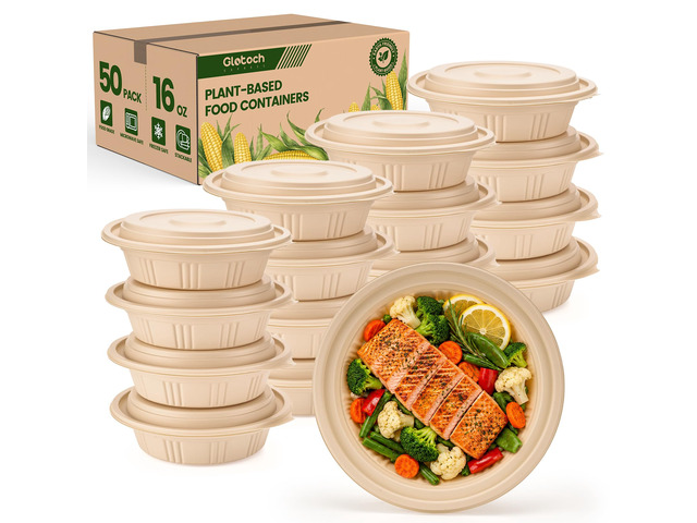 100 Piece (50 Pack) Meal Prep Bowl Containers with Lids, Cornstarch Round Food Containers for Lunch Salad Deli Soup, BPA Free Plant-based Take Out...
