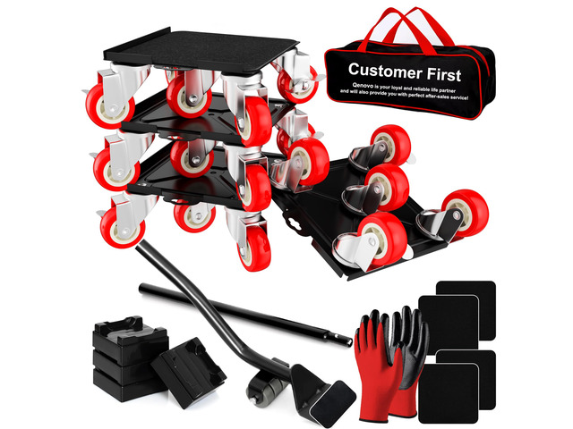 1,500 lb Capacity Furniture Dolly Set, 5.3-Inch Platforms, Red Carbon Steel Dollies Feature Five Quiet Wheels, Including Locking Casters, Plus a...