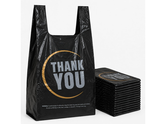 Black Thank you T shirt bag, Grocery shopping bag Reusable and Disposable Supermarket Bag 11''x6''x21'' 300PCS