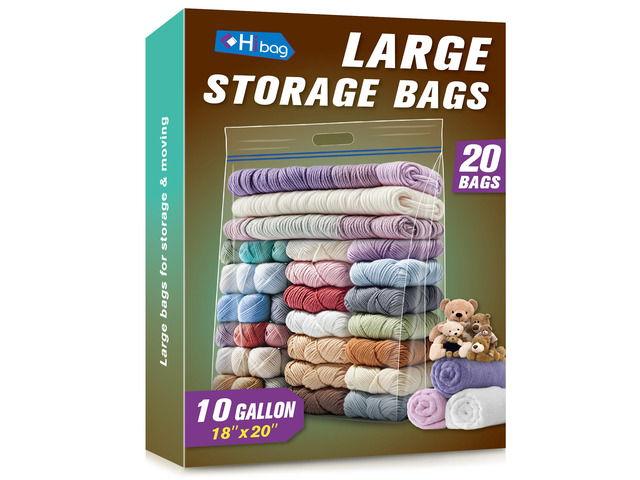 10 Gallon Large Storage Bags, 18 x 20 Resealable Clear Bags with Handle, Extra Large XL Heavy Duty for Clothes Pillow Travel Moving, Pack of 20