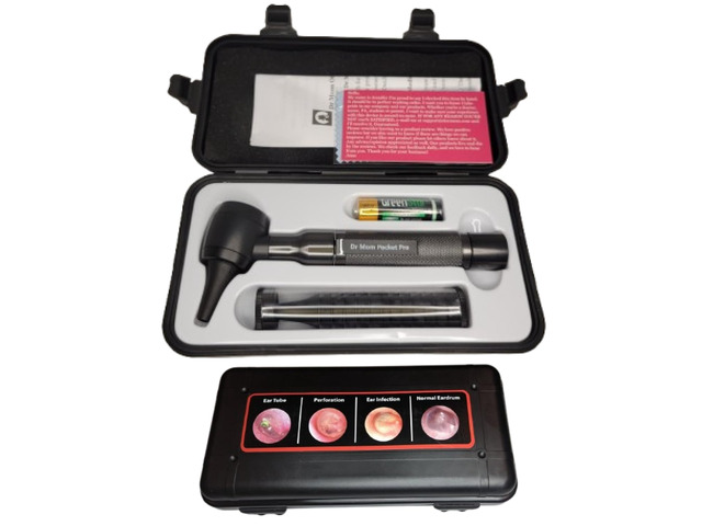 4th Generation LED Pocket Pro Otoscope with Both Adult and Pediatric Disposable Specula Tips, Battery, and Protective Hard Plastic Case - Black