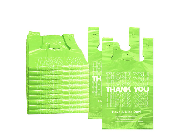 1000 Count Green Thank You T-Shirt Bags, 11 x 6 x 21 in Durable HDPE with handles, Thank You print, carryout sacks for grocery, retail, takeout and...