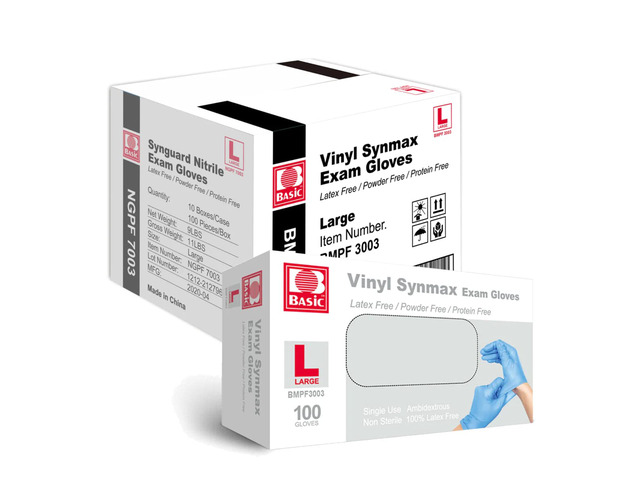 Basic Medical Synmax Vinyl Exam Gloves - Latex-Free & Powder-Free - Large, BMPF-3003(Case of 1,000) Blue