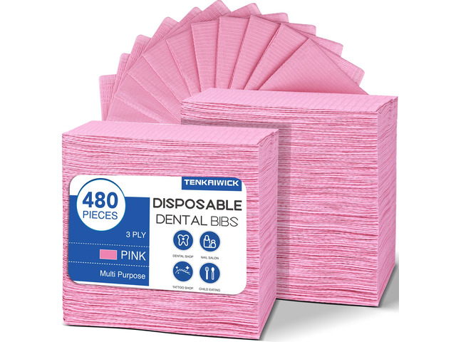 480 Pack Disposable Dental Bibs 13'x18', 3-Ply Waterproof Tattoo Bibs Sheet for Nail Salon, Dental Clinic, Feeding, Tattoo Shop (Pink)