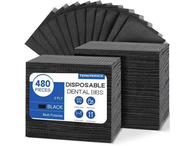 480 Pack Disposable Dental Bibs 13'x18', 3-Ply Waterproof Tattoo Bibs Sheet for Nail Salon, Dental Clinic, Feeding, Tattoo Shop (Black)
