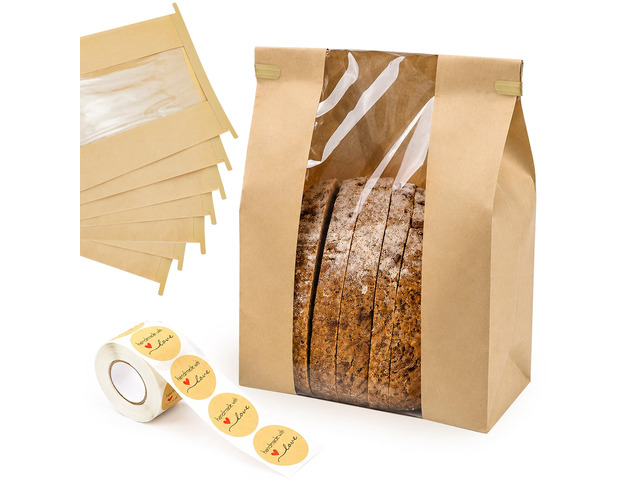 150 Pack Large Paper Sourdough Bread Bags with Tin Tie Tabs & 500 Stickers 14' X 8.3' X 3.5' Kraft Bags with Clear Window Bread Bags for Homemade...
