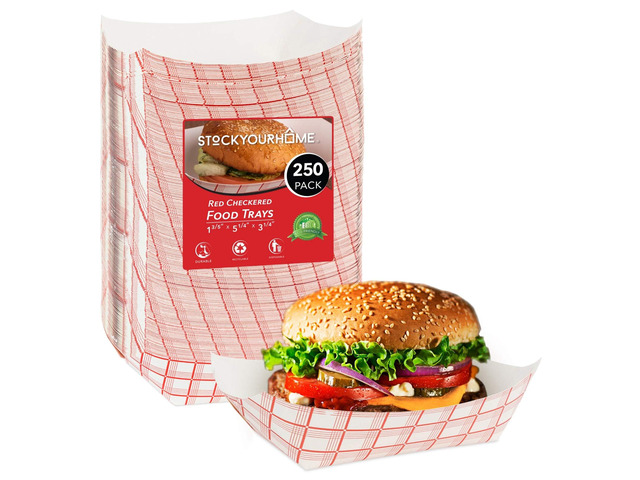 Large Paper Food Boats (250 Pack) 3 lb Disposable Red & White Checkered Paper Trays, Eco-Friendly Serving Boats for Concession Food, Condiments &...