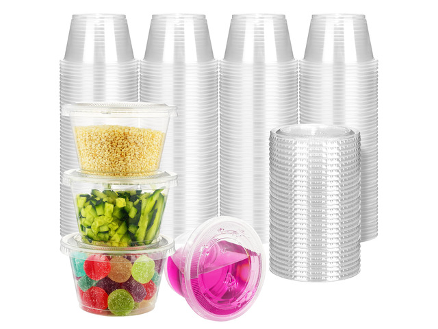 100 Sets - 4 oz Jello Shot Cups with Lids, Portion Cups, Clear Disposable Plastic Jello Shot Cups for Meal Prep, Salad Dressing, Soufflé, Portion...