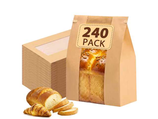 240pcs Bread Bags for Homemade Bread with Tab, 13.7x8.3x3.5In No Stickers, Clear Front Window, Tin Tie Tab, Large Paper Sourdough Bread Bags for...