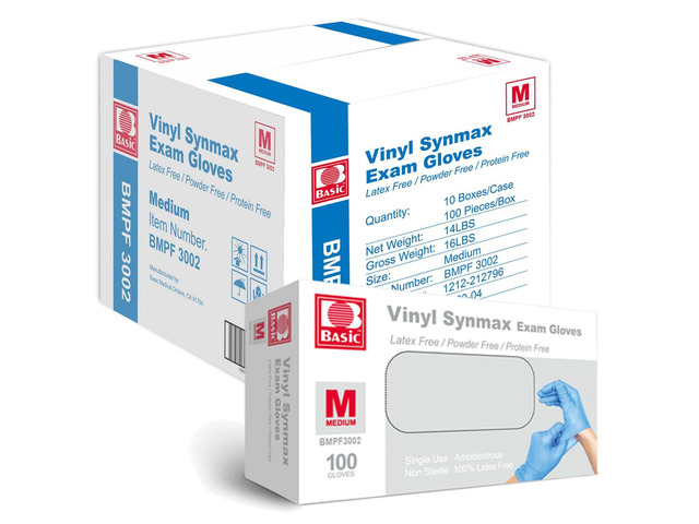 Basic Medical Synmax Vinyl Exam Gloves - Latex-Free & Powder-Free - Medium, BMPF-3002(Case of 1,000) Blue
