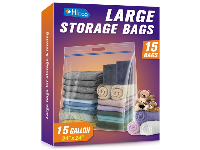 15 Gallon Large Storage Bags, 24 x 24 Resealable Clear Bags with Handle, Extra Large XL Heavy Duty for Clothes Pillow Travel Moving, Pack of 15