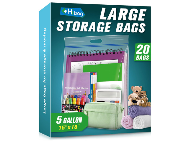5 Gallon Large Storage Bags, 15 x 18 Resealable Clear Bags with Handle, Extra Large XL Heavy Duty for Clothes Pillow Travel Moving, Pack of 20