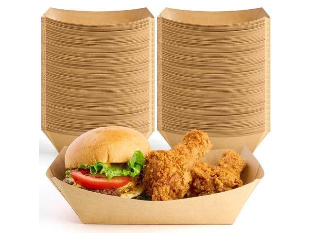 100 Pack 5 LB Extra Large Paper Food Trays Disposable, Kraft Paper, Nacho Trays, Food Boats, Party Serving Baskets, For Sandwiches Burgers Popcorns...