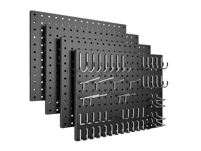 Peg Board, 4 Pack Metal Black Pegboard Panels with 50 Hooks Pegboards Wall Organizer, Heavy Duty Peg Board for Walls Home, Garage Tool Storage,...