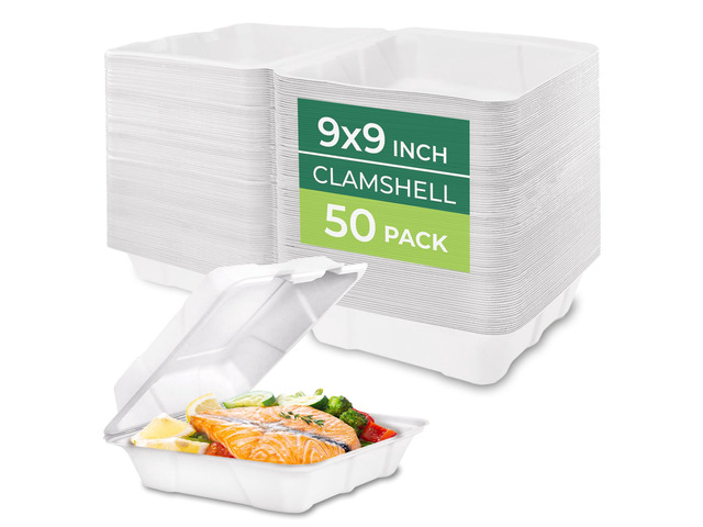 Compostable 9x9' Clamshell Take Out Food Containers [50-Pack] - Biodegradable Sugarcane To Go Boxes - Paper Food Container - Microwave & Freezer...