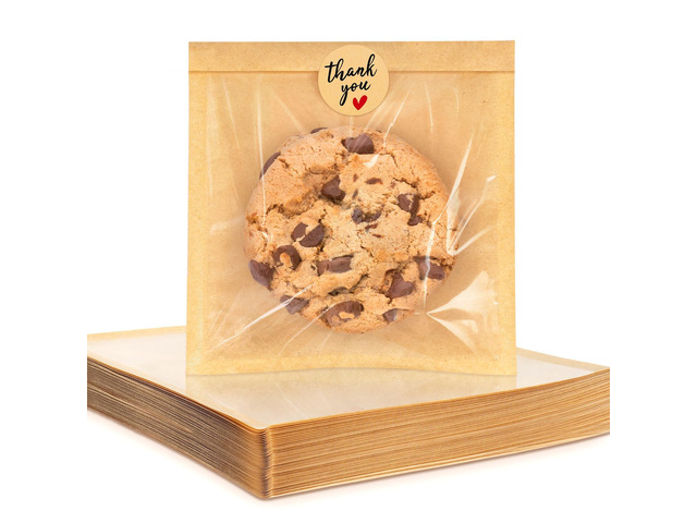 500 Pack Cookie Packaging Bags with Seal, 5.7x6.5 Inch Heat Sealable Paper Cookie Sleeves, Grease Resistant To Go Bakery Bags with Window for Bake...