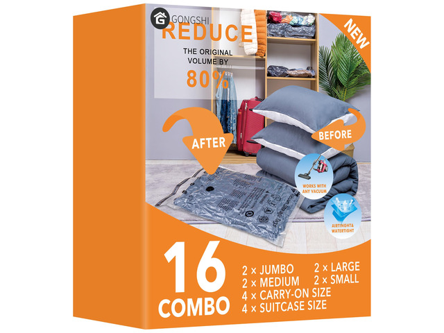 Vacuum Storage Bags for Clothing, 16-Piece Set 2 Jumbo, 2 Large, 2 Medium, 2 Small and 8 Travel Roll-Up Bags; Ideal for Clothes, Bedding, Luggage...