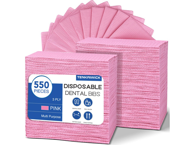 550 Pack Disposable Dental Bibs 13'x18', 3-Ply Waterproof Tattoo Bibs Sheet for Nail Salon, Dental Clinic, Feeding, Tattoo Shop (Pink)
